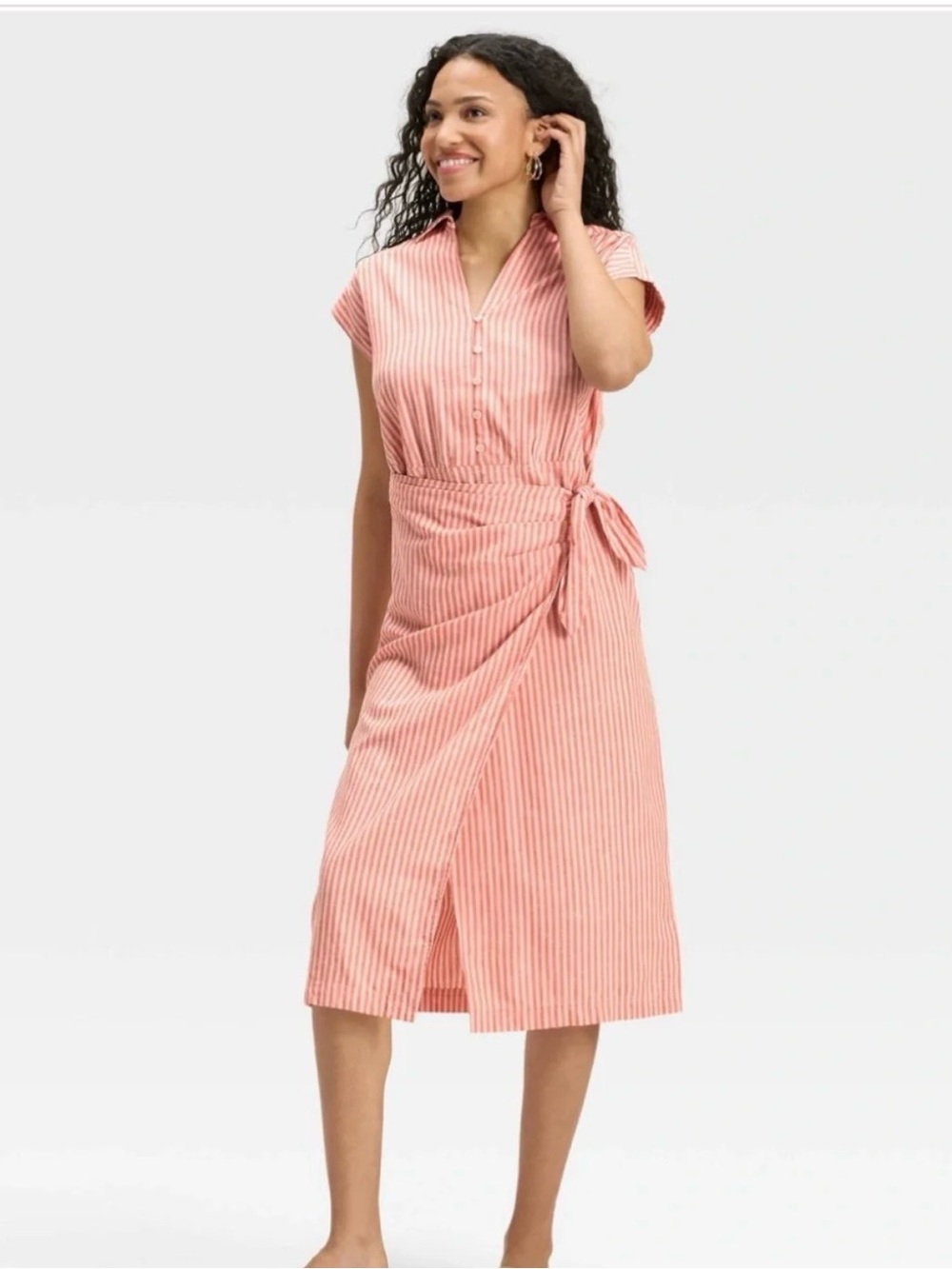 Universal Thread Coral-Striped Wrap Midi Dress